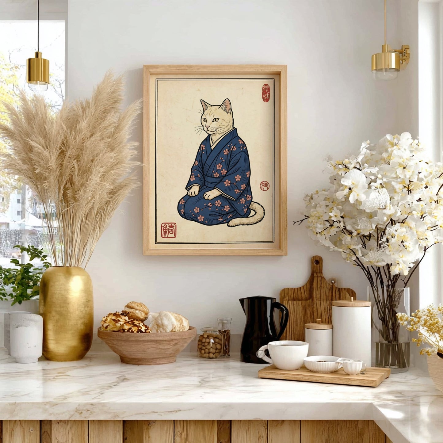 Japanese art style poster featuring a cat in a blue kimono with cherry blossoms