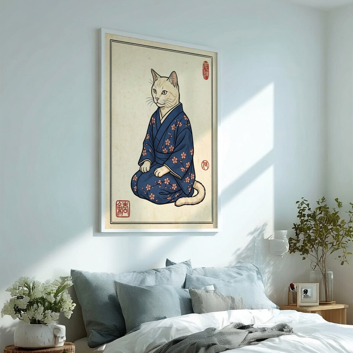 Japanese art style poster featuring a cat in a blue kimono with cherry blossoms