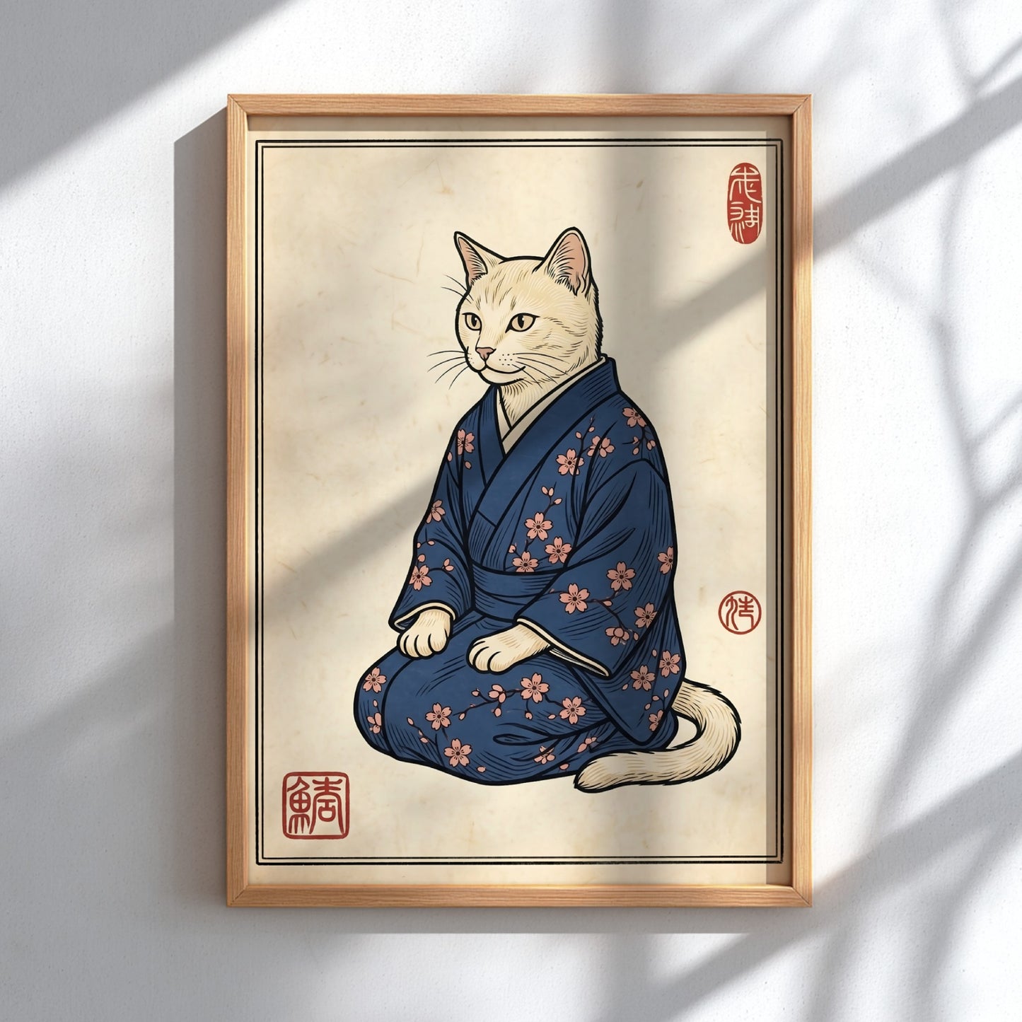Japanese art style poster featuring a cat in a blue kimono with cherry blossoms