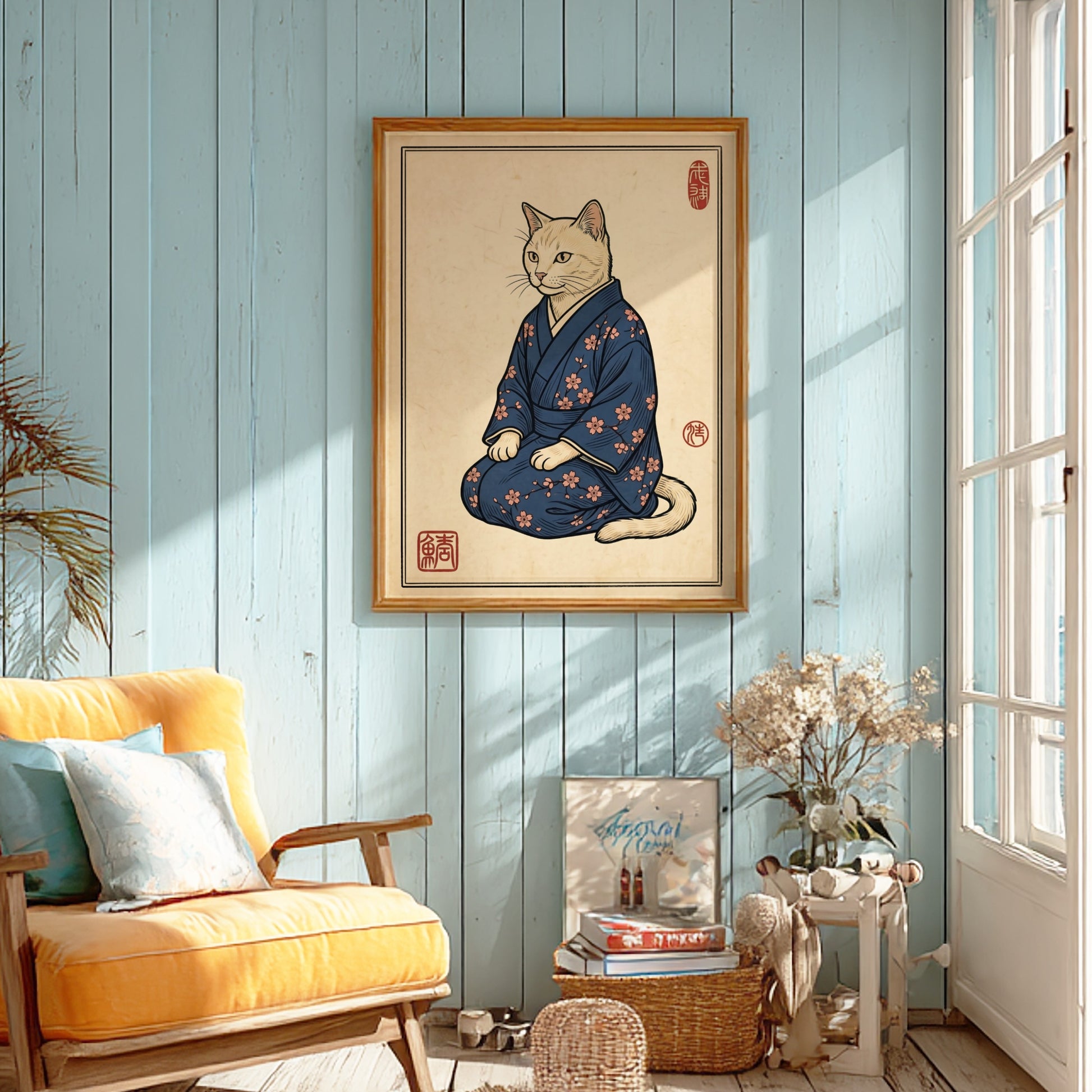 Japanese art style poster featuring a cat in a blue kimono with cherry blossoms
