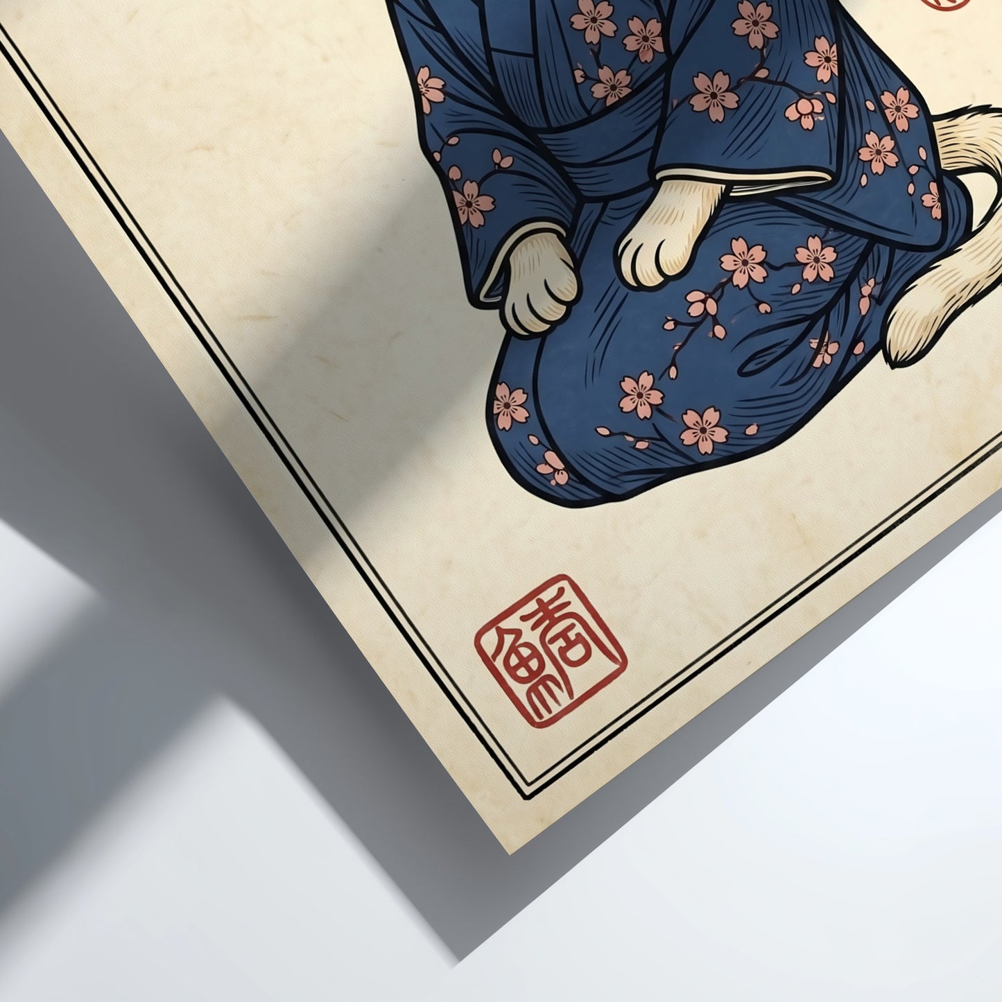 Japanese art style poster featuring a cat in a blue kimono with cherry blossoms
