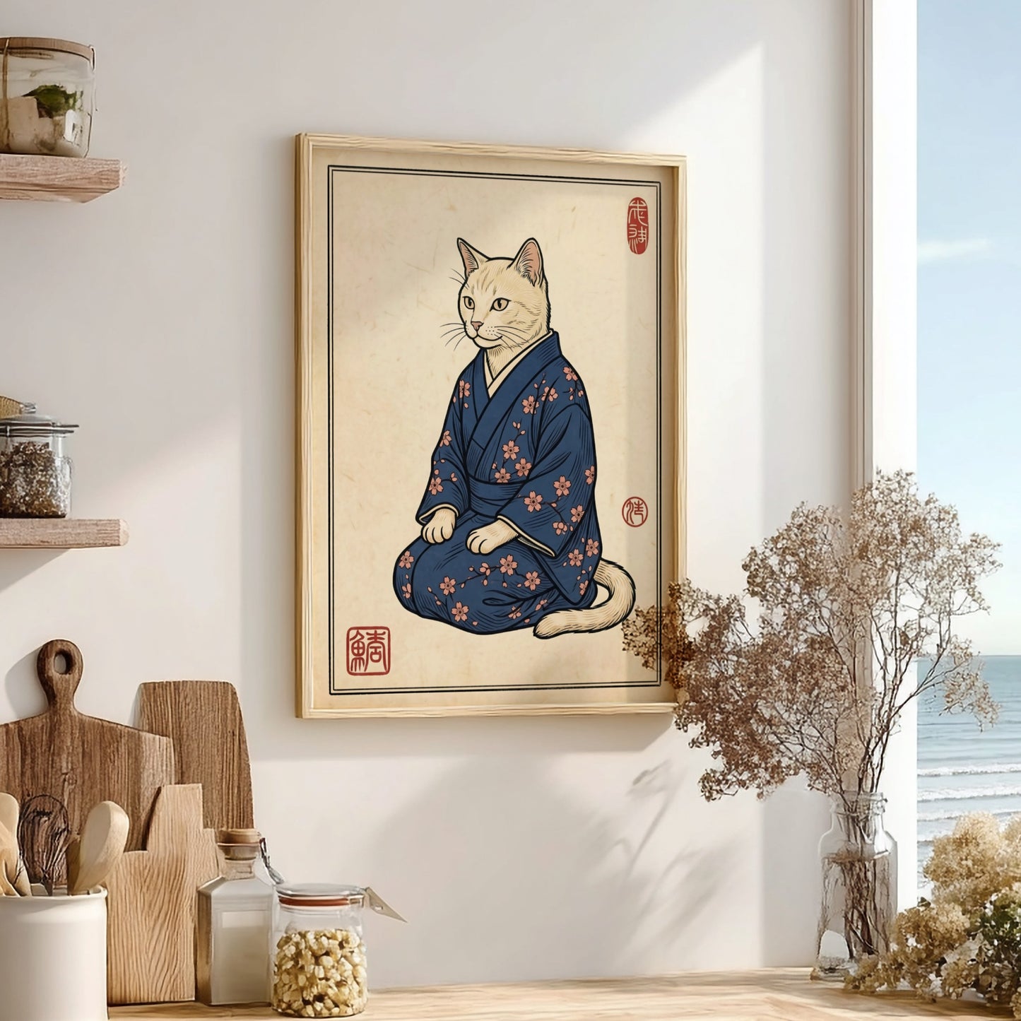 Japanese art style poster featuring a cat in a blue kimono with cherry blossoms