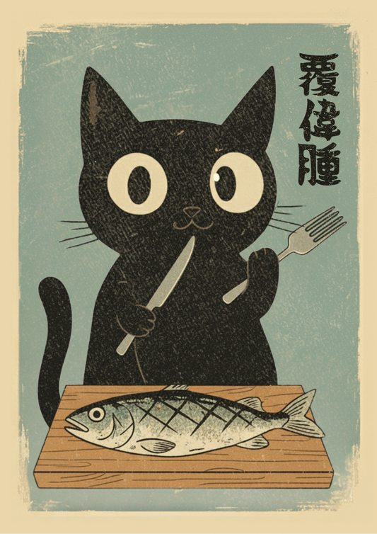 Illustration of a black cat holding a knife and fork, standing over a fish on a cutting board with a light blue background.