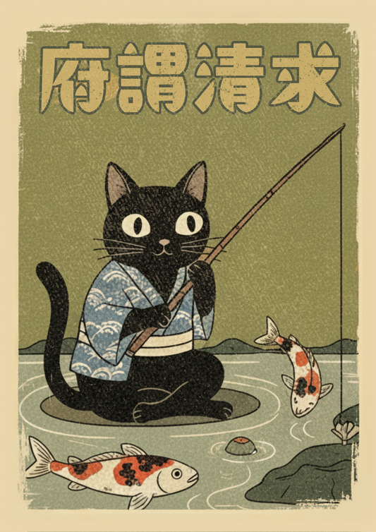 Illustration of a black cat in a kimono fishing with koi fish in a pond.