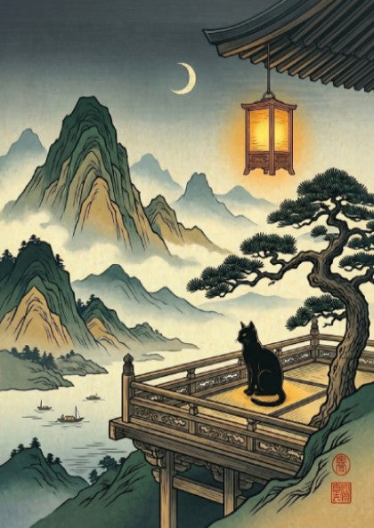 Cat Temple Moonlight poster featuring a black cat, mountains, and a crescent moon in Japanese art style