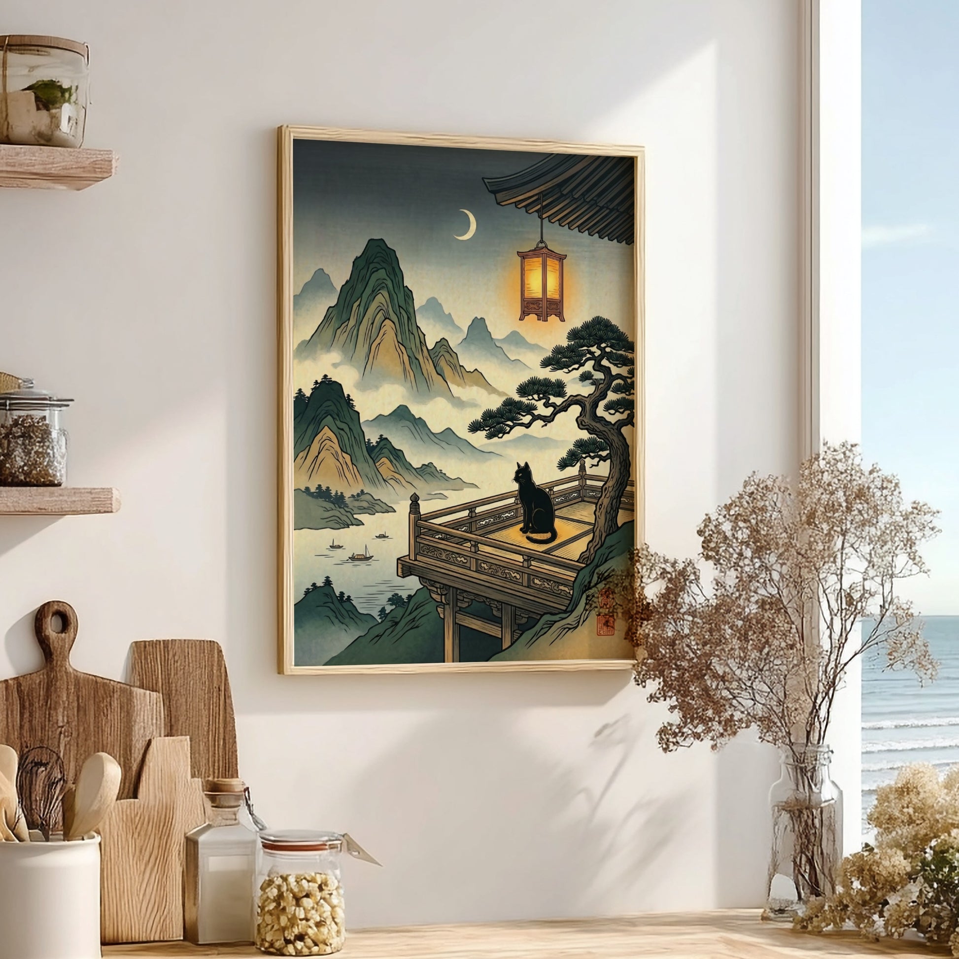 Cat Temple Moonlight poster featuring a black cat, mountains, and a crescent moon in Japanese art style