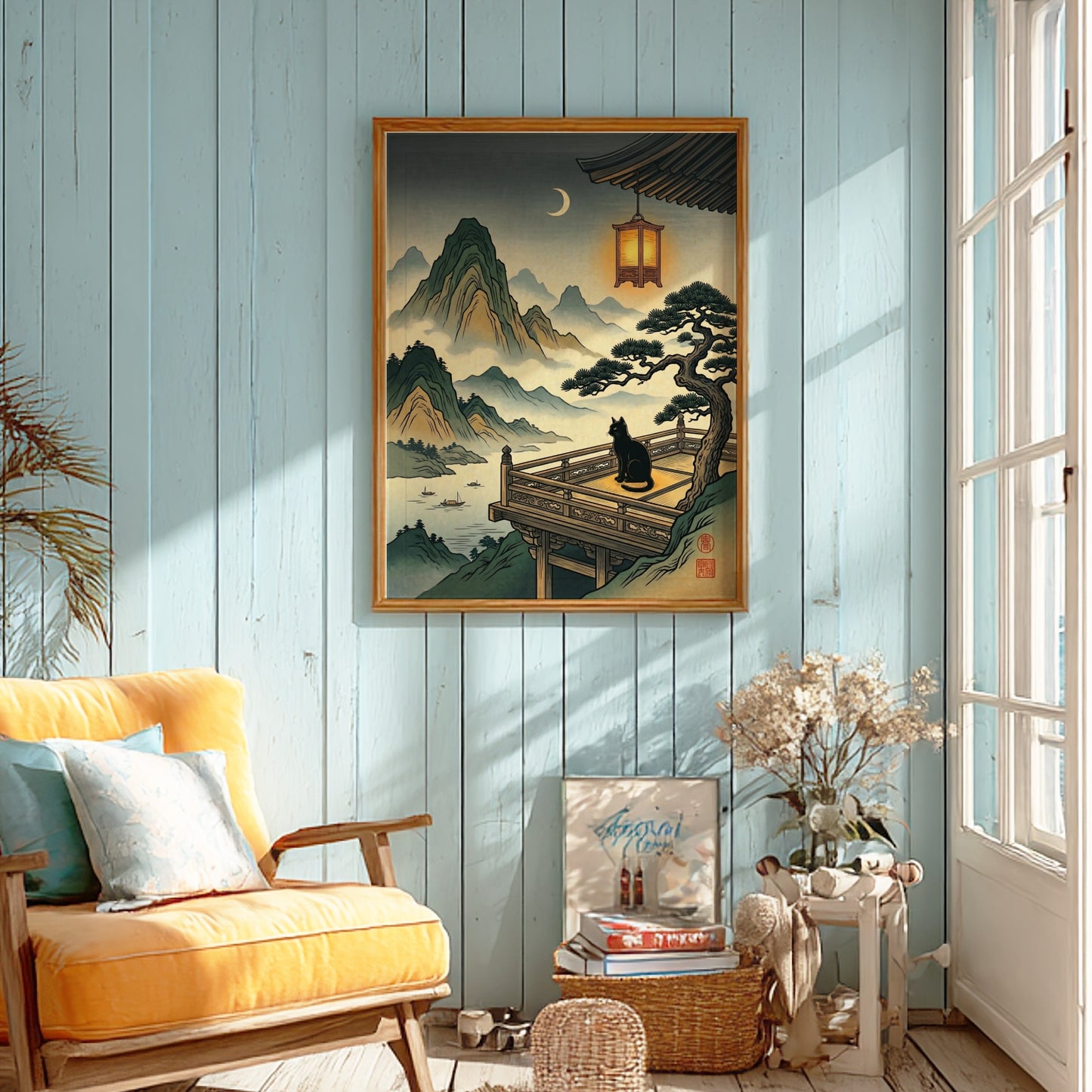Cat Temple Moonlight poster featuring a black cat, mountains, and a crescent moon in Japanese art style