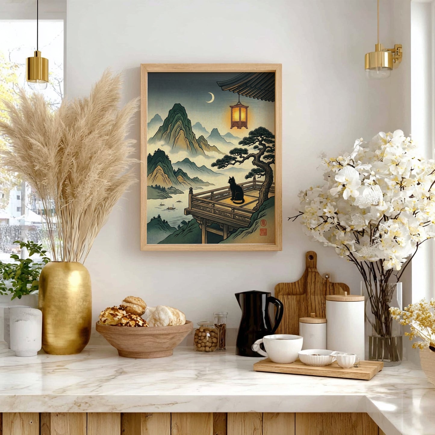 Cat Temple Moonlight poster featuring a black cat, mountains, and a crescent moon in Japanese art style