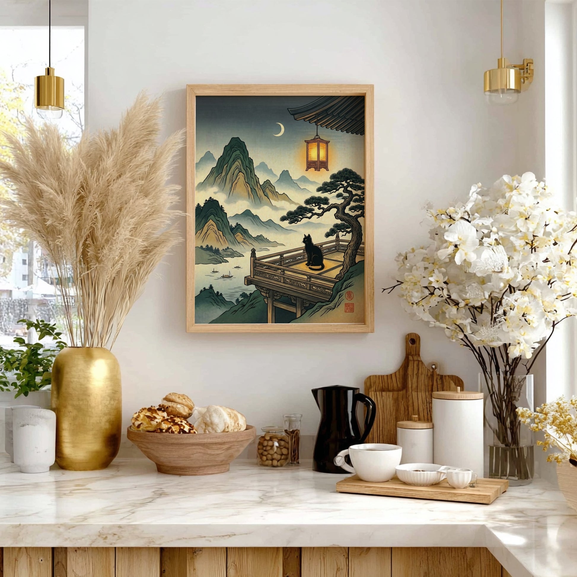 Cat Temple Moonlight poster featuring a black cat, mountains, and a crescent moon in Japanese art style