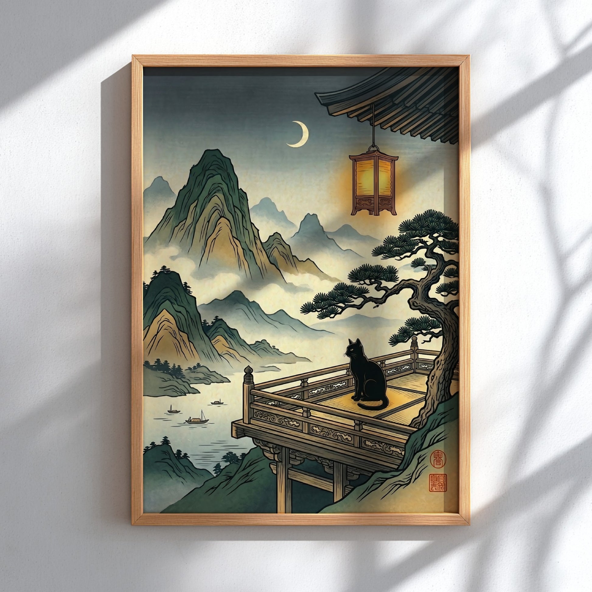 Cat Temple Moonlight poster featuring a black cat, mountains, and a crescent moon in Japanese art style