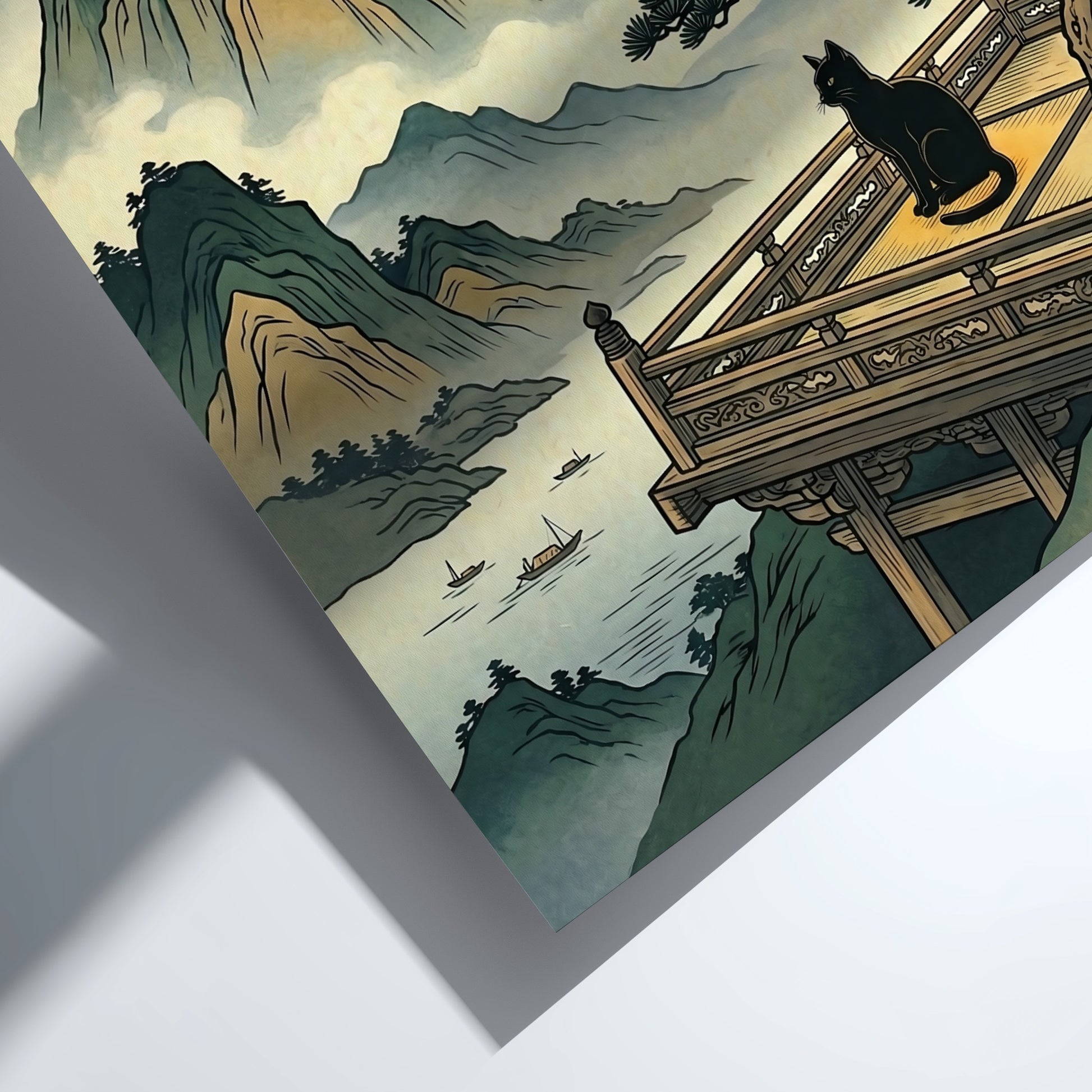 Cat Temple Moonlight poster featuring a black cat, mountains, and a crescent moon in Japanese art style