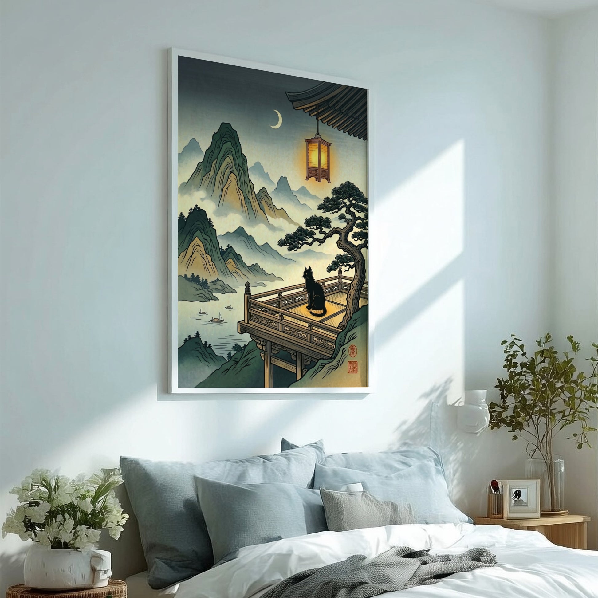 Cat Temple Moonlight poster featuring a black cat, mountains, and a crescent moon in Japanese art style