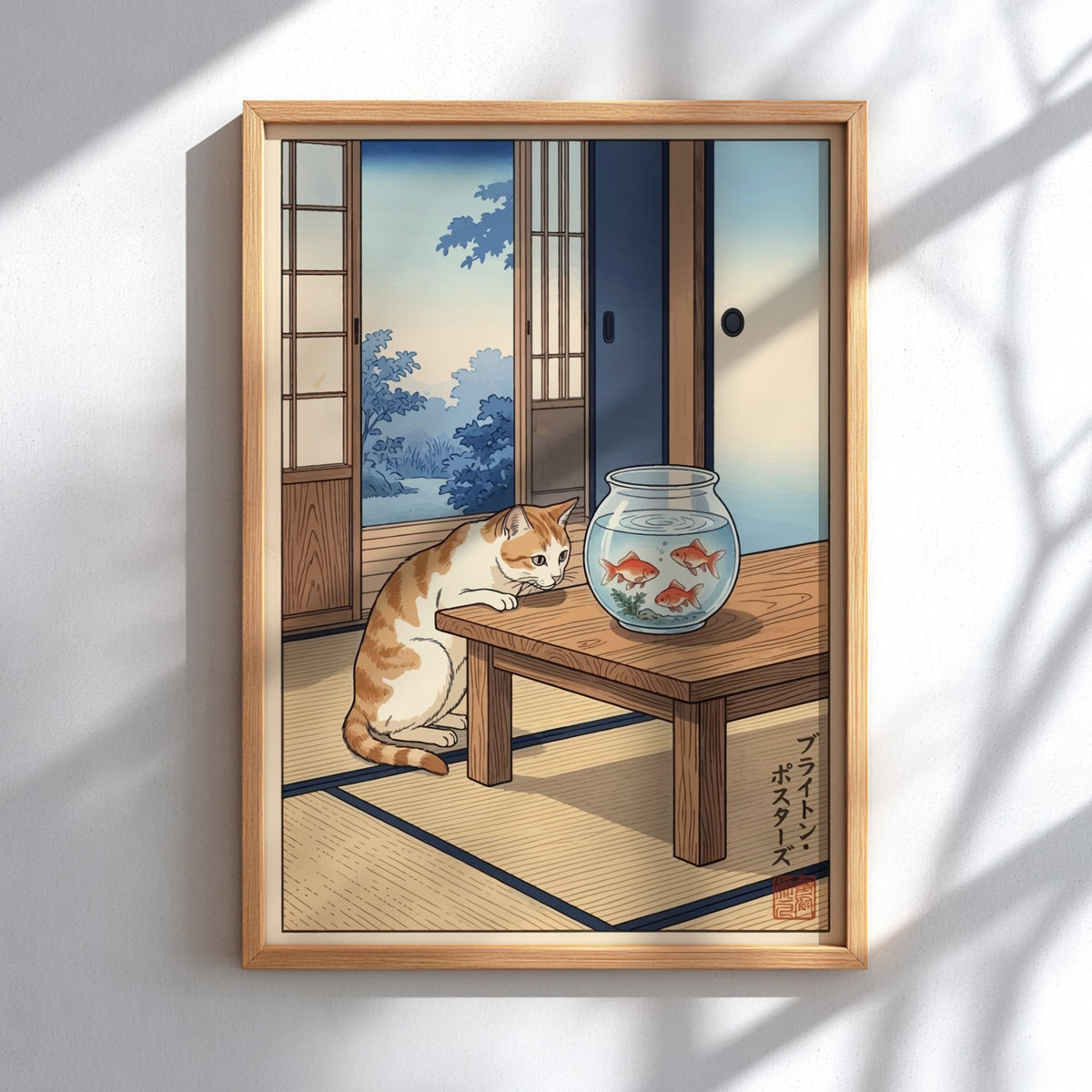 Poster featuring a ginger cat watching three goldfish in a bowl inside a room.