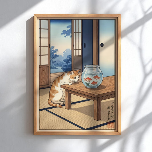 Poster featuring a ginger cat watching three goldfish in a bowl inside a room.