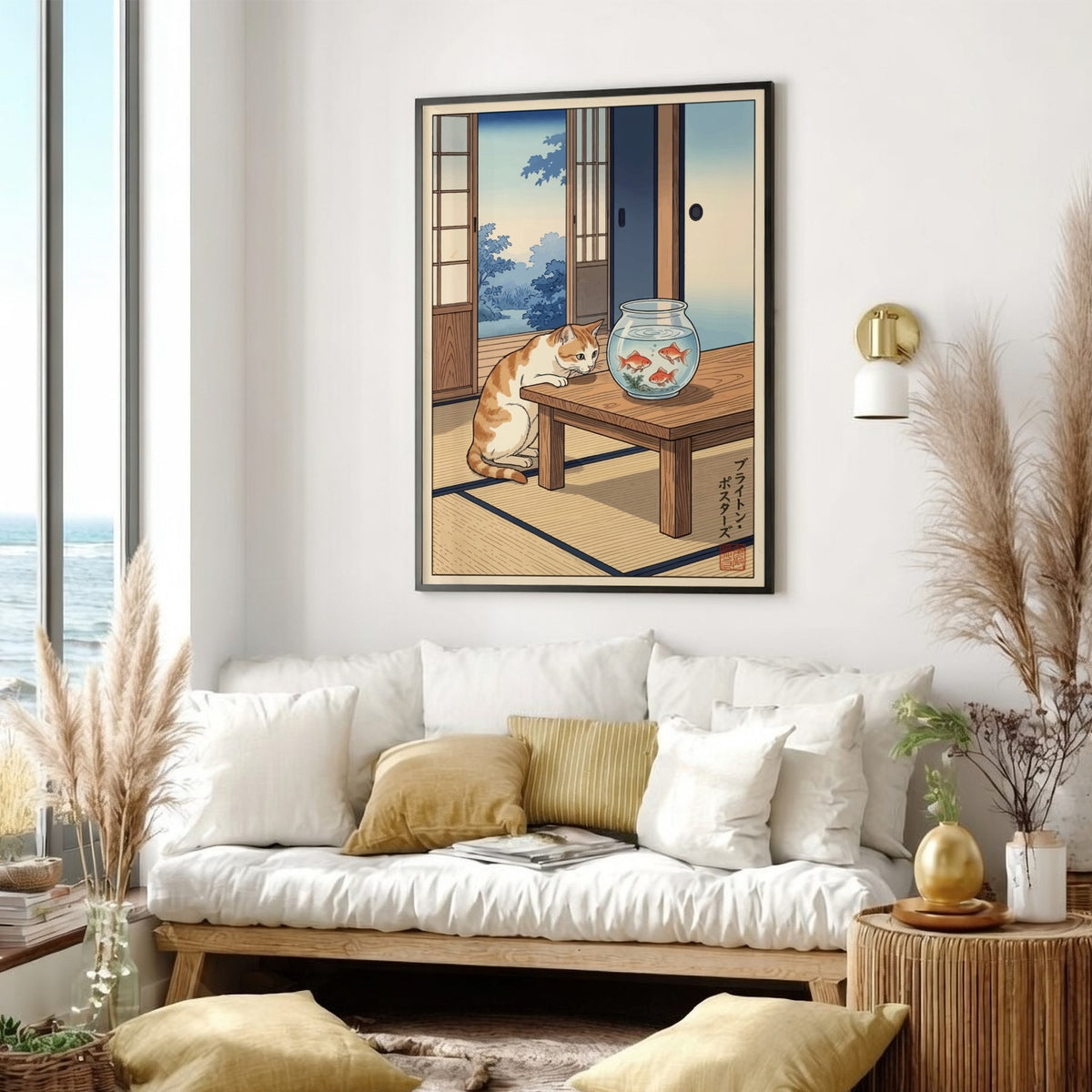 Poster featuring a ginger cat watching three goldfish in a bowl inside a room.