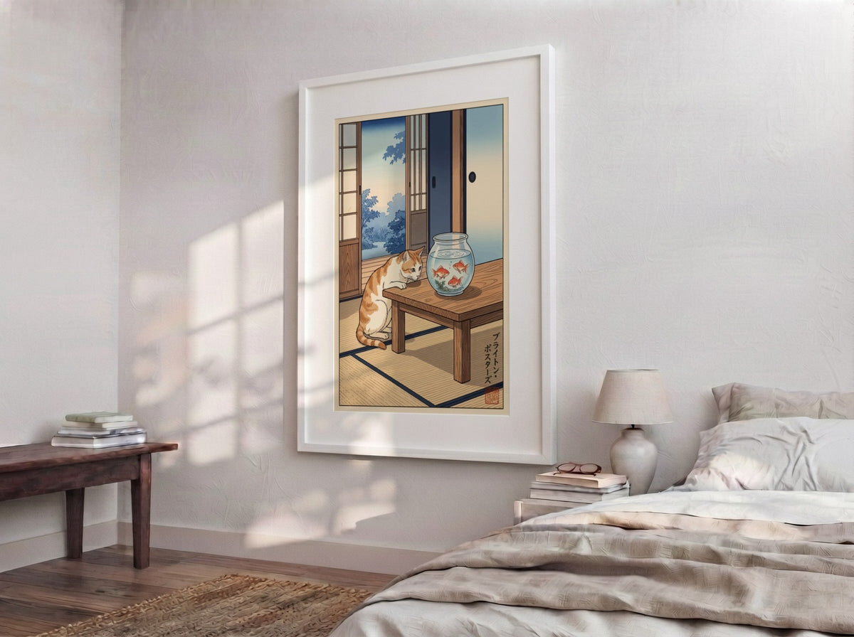 Poster featuring a ginger cat watching three goldfish in a bowl inside a room.