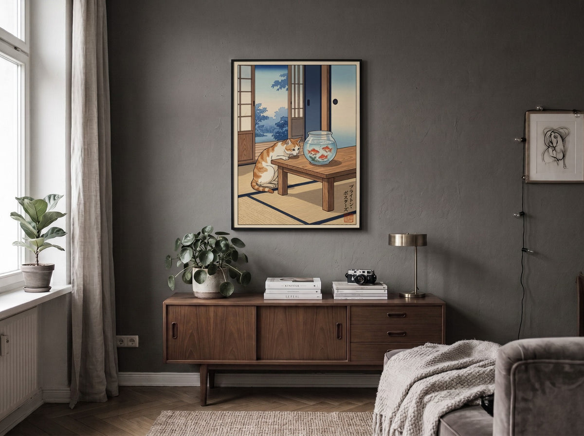 Poster featuring a ginger cat watching three goldfish in a bowl inside a room.
