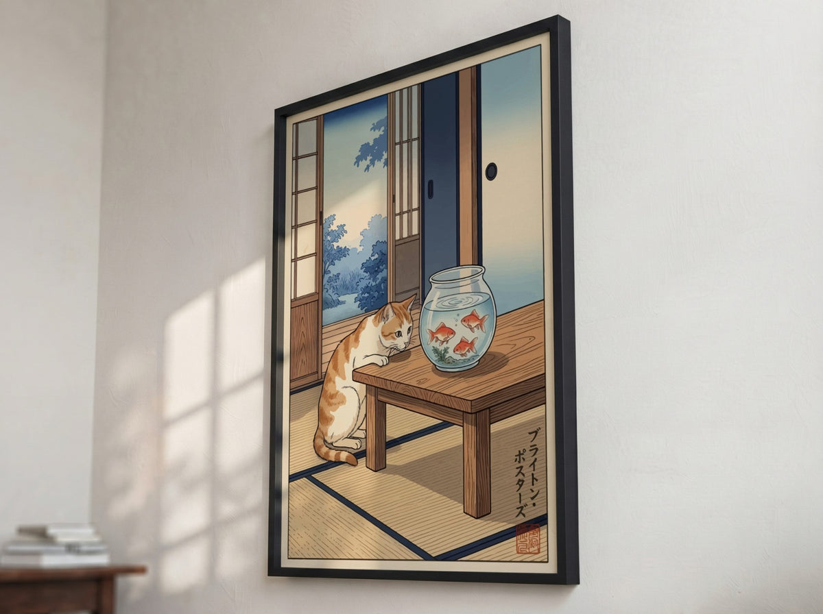 Poster featuring a ginger cat watching three goldfish in a bowl inside a room.