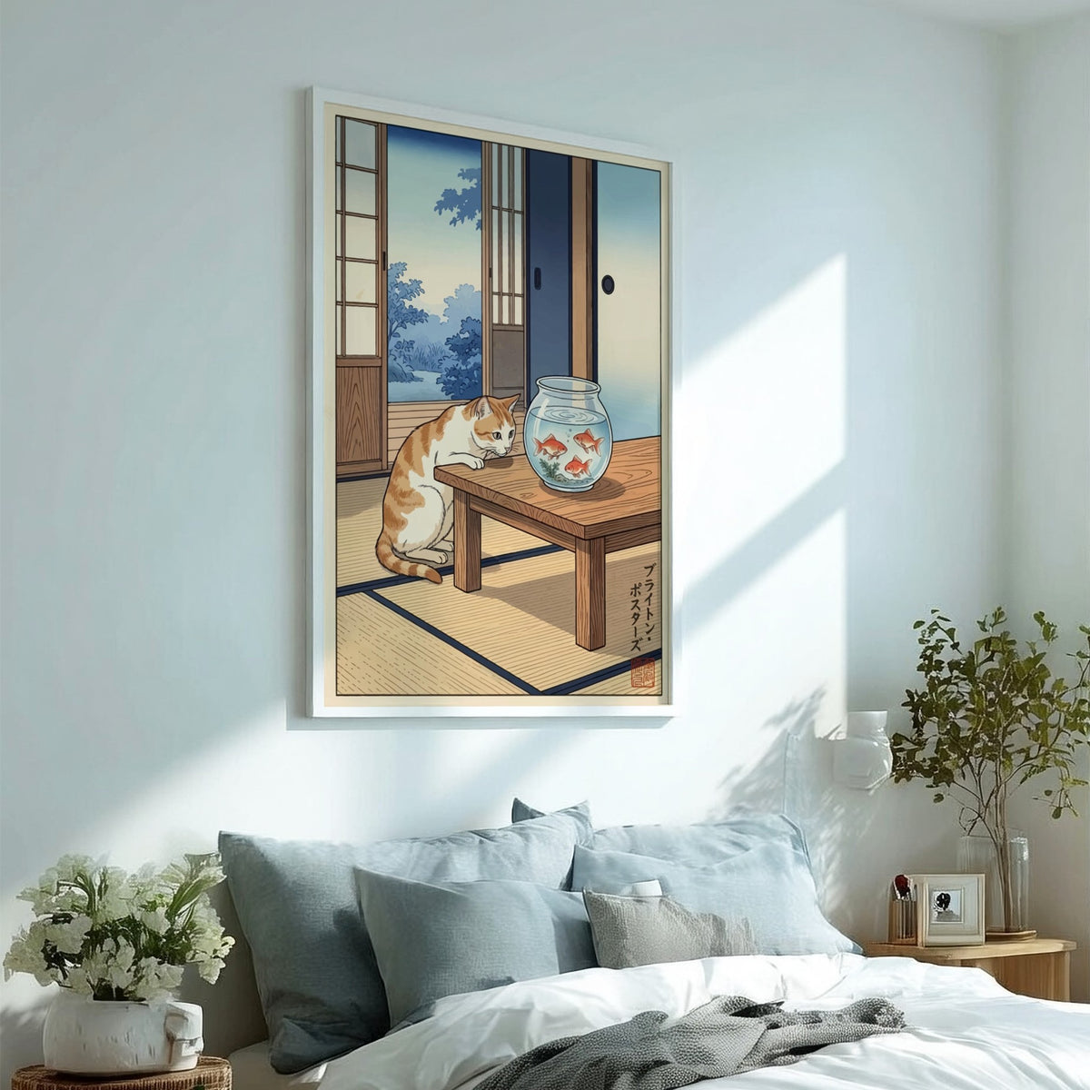 Poster featuring a ginger cat watching three goldfish in a bowl inside a room.