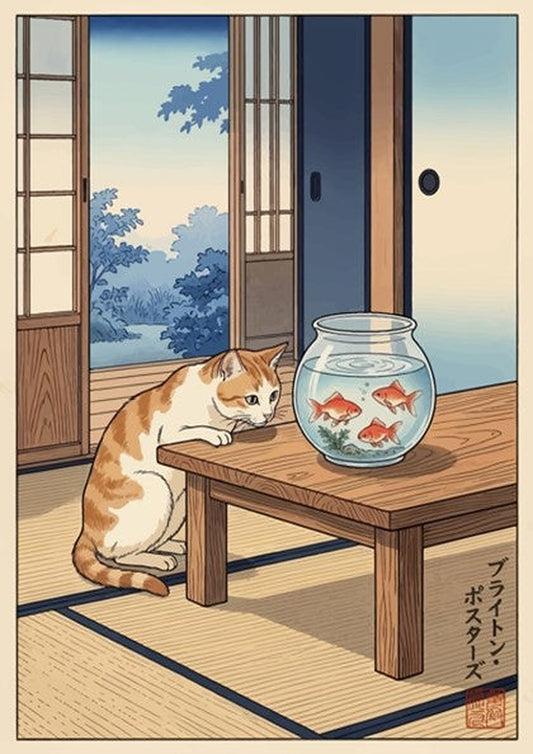 Poster featuring a ginger cat watching three goldfish in a bowl inside a room.