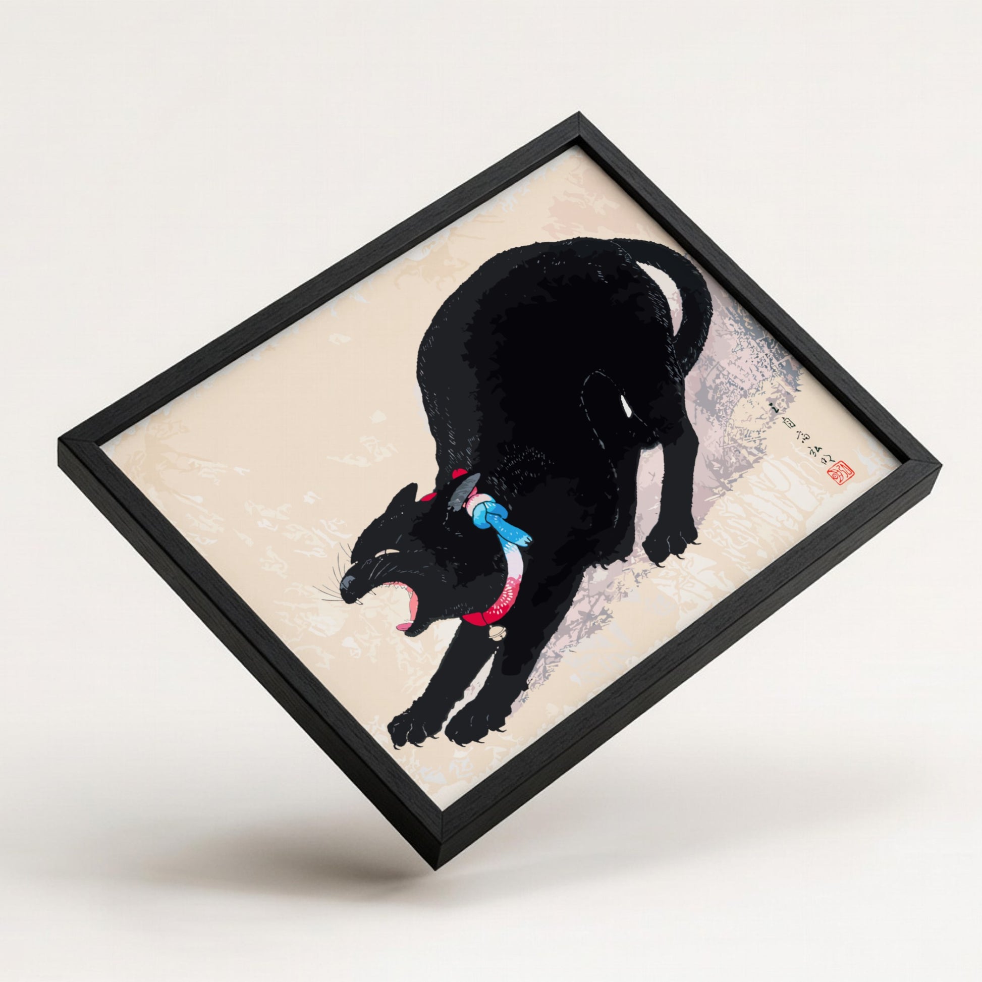 Japanese art print of a black cat yawning, by Hiroaki Takahashi, with red and blue collar.