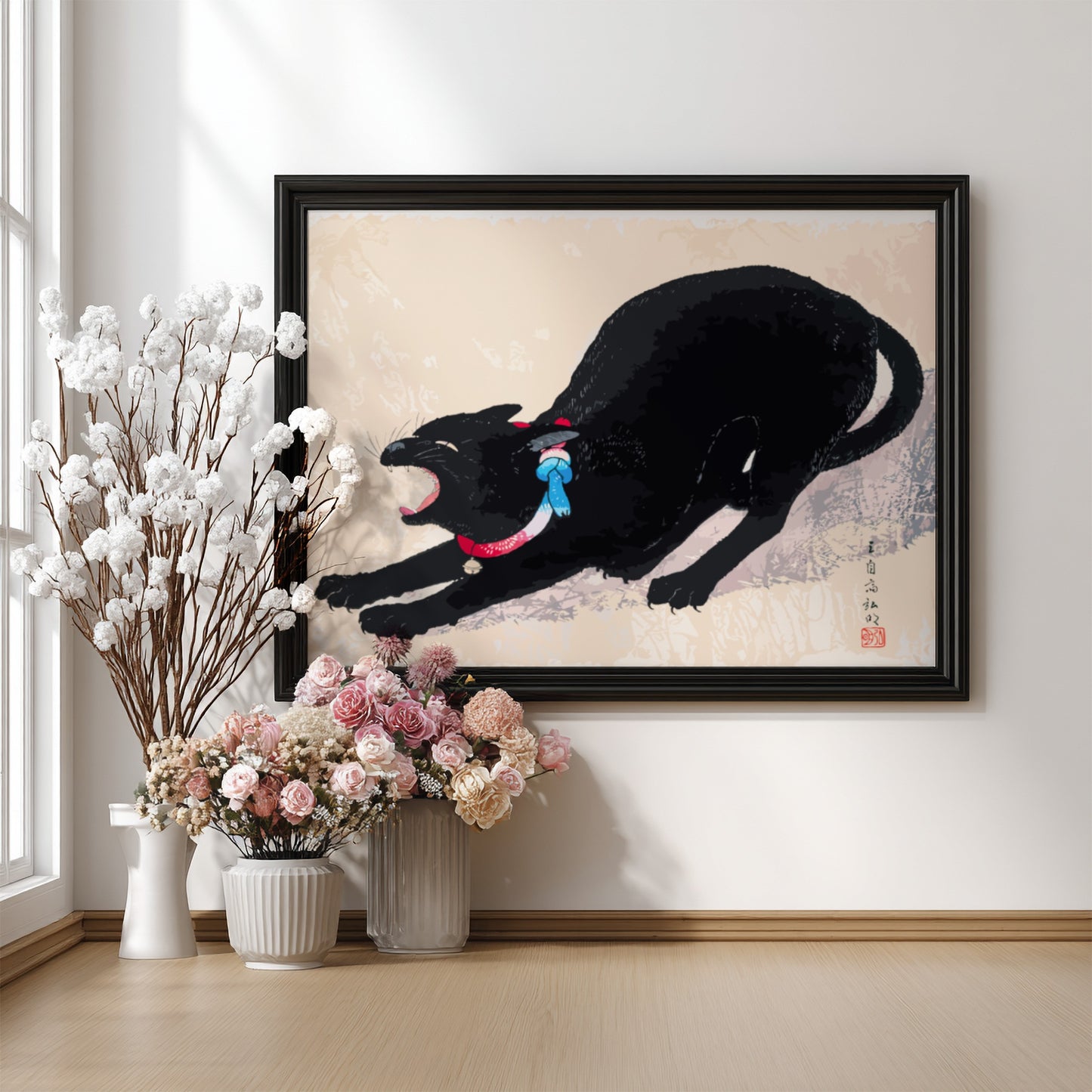 Japanese art print of a black cat yawning, by Hiroaki Takahashi, with red and blue collar.