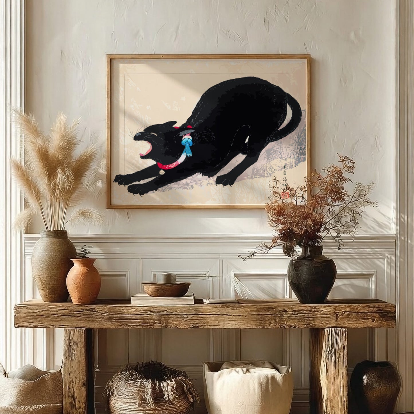 Japanese art print of a black cat yawning, by Hiroaki Takahashi, with red and blue collar.