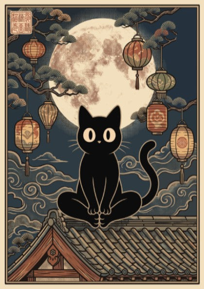 Poster featuring a black cat sitting in a lotus pose on a rooftop.