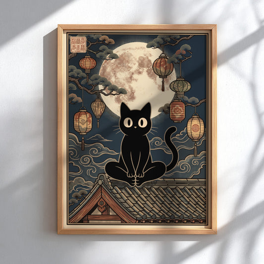 Poster featuring a black cat sitting in a lotus pose on a rooftop.