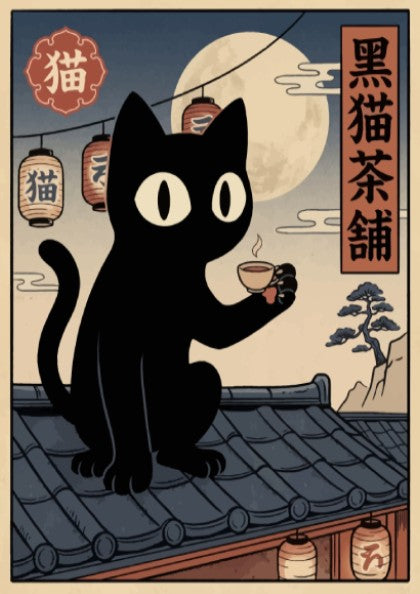 Poster featuring a black cat drinking tea on a roof with lanterns