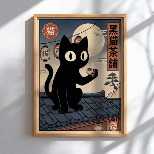 Poster featuring a black cat drinking tea on a roof with lanterns