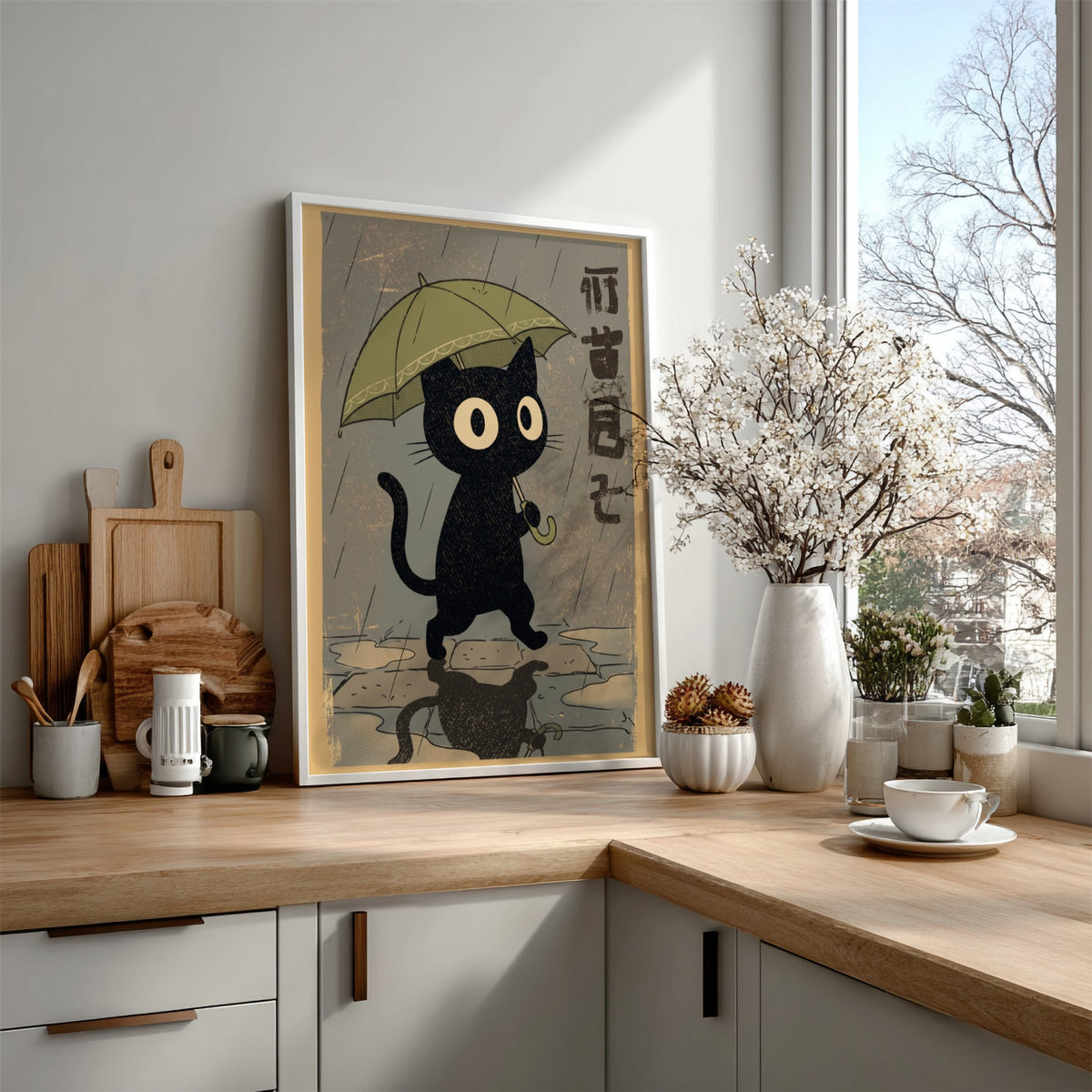 Poster of a black cat walking under a green umbrella in the rain