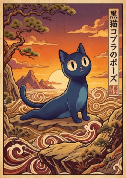 Poster featuring a black cat in a cobra yoga pose with Japanese waves