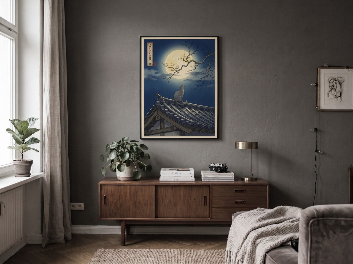 Poster of a cat sitting on a Japanese roof under a large full moon