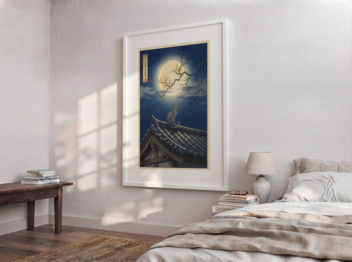 Poster of a cat sitting on a Japanese roof under a large full moon