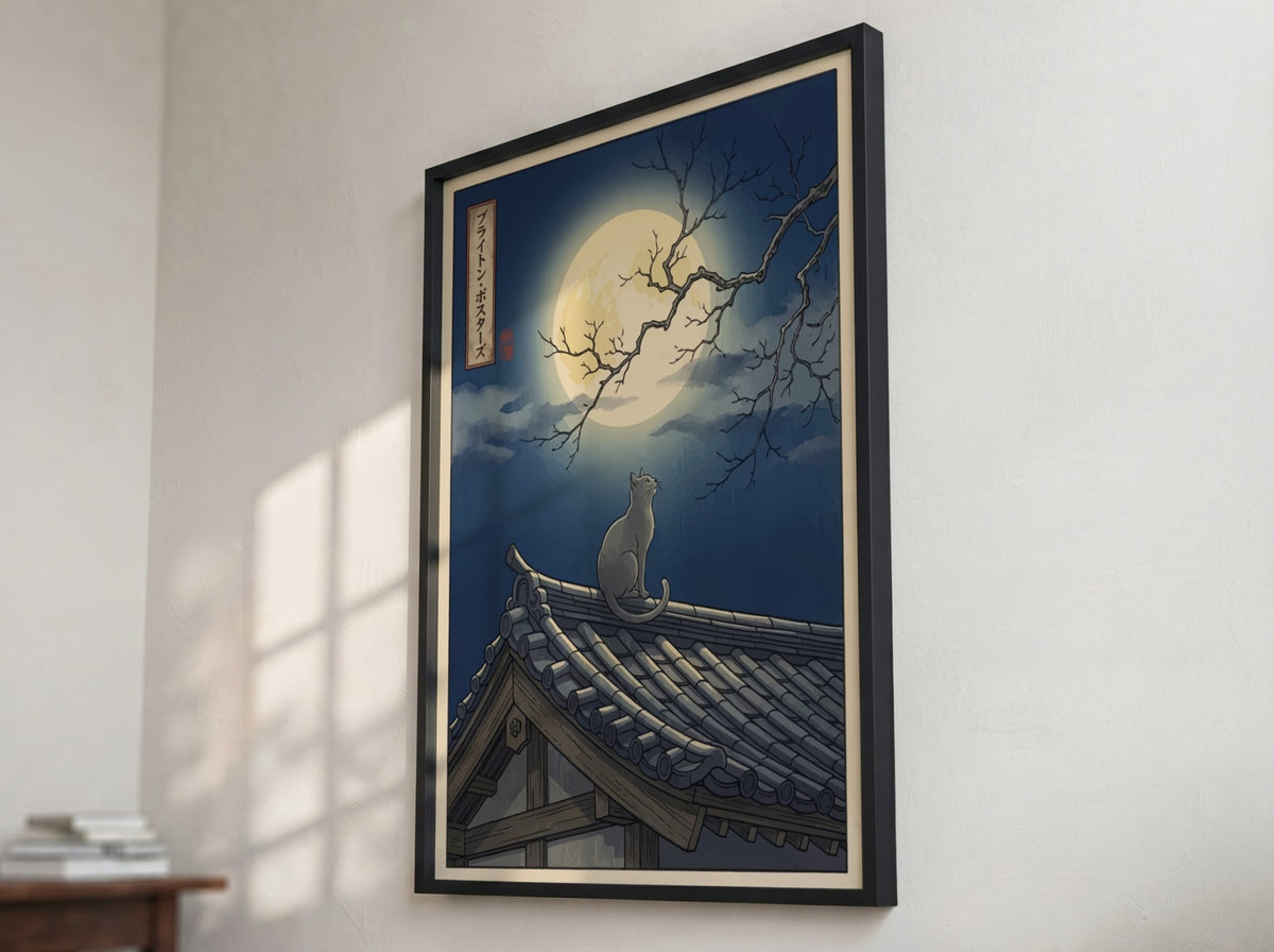 Poster of a cat sitting on a Japanese roof under a large full moon