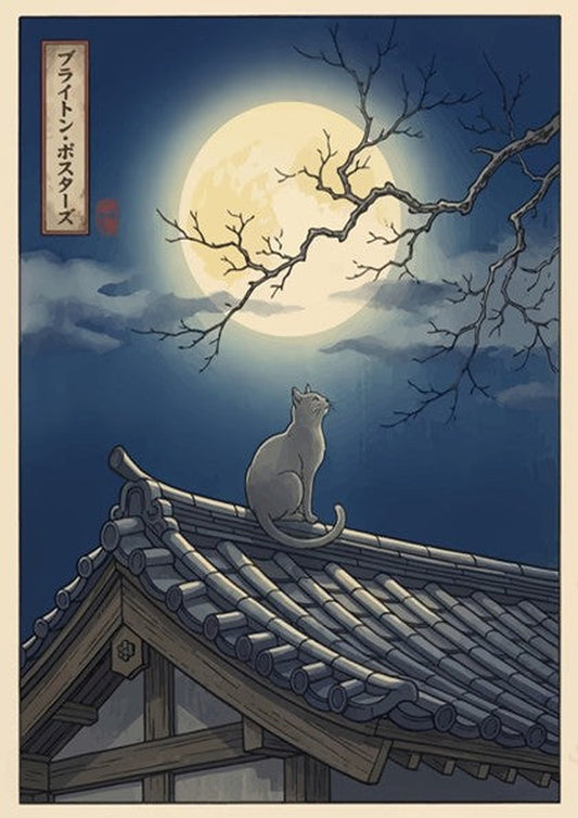 Poster of a cat sitting on a Japanese roof under a large full moon