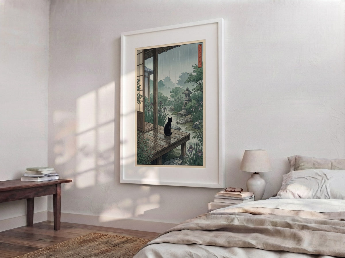 Poster of a black cat sitting on a wooden veranda during a rainy day