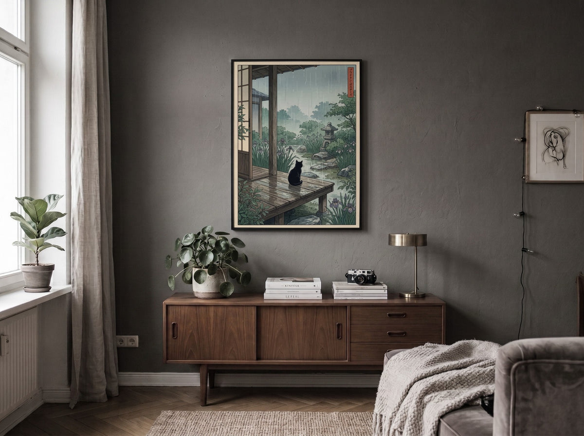 Poster of a black cat sitting on a wooden veranda during a rainy day