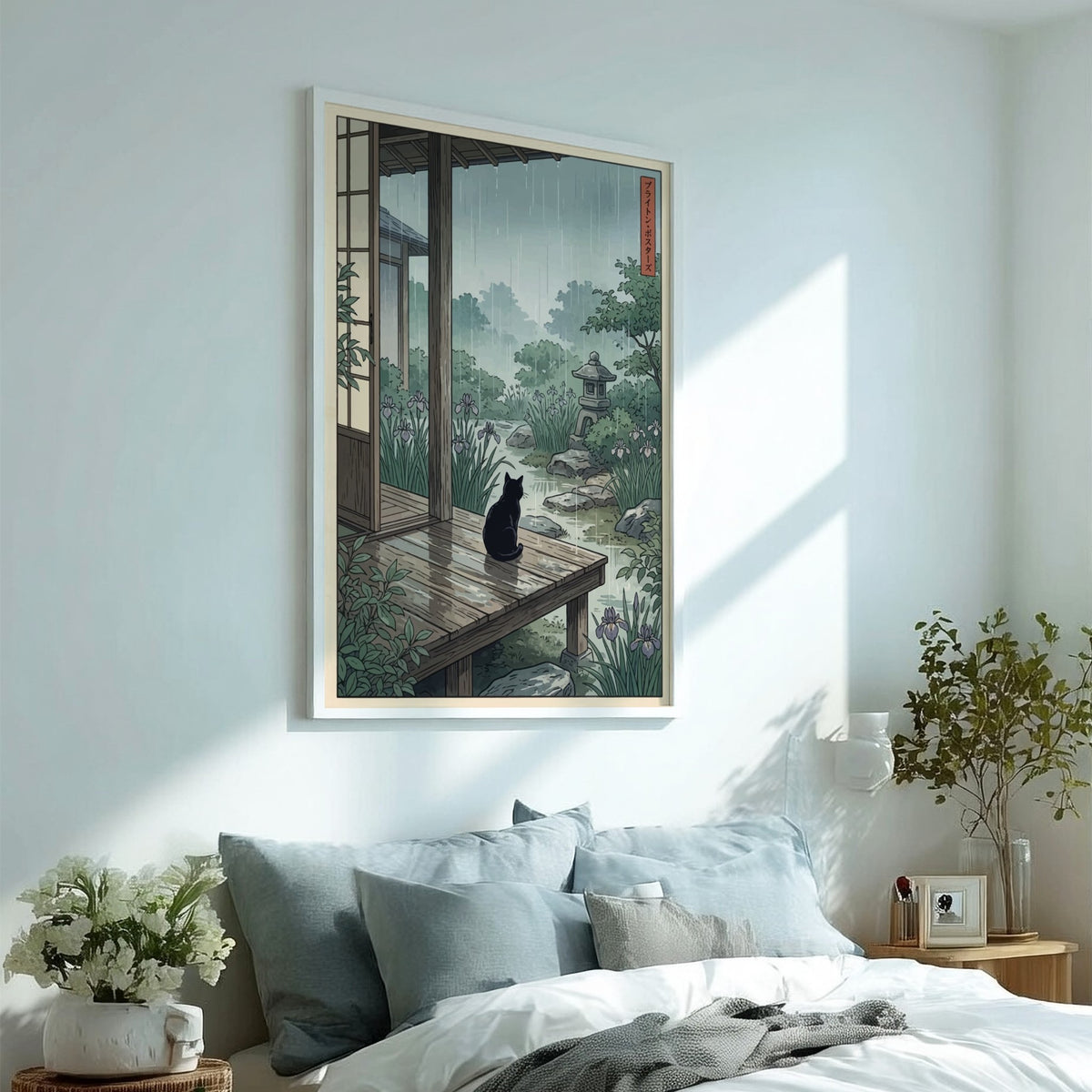 Poster of a black cat sitting on a wooden veranda during a rainy day