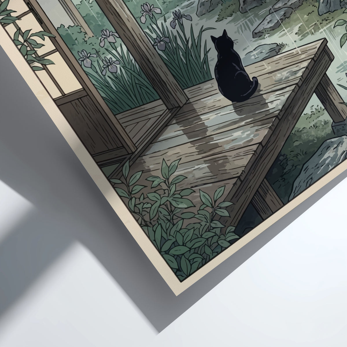 Poster of a black cat sitting on a wooden veranda during a rainy day