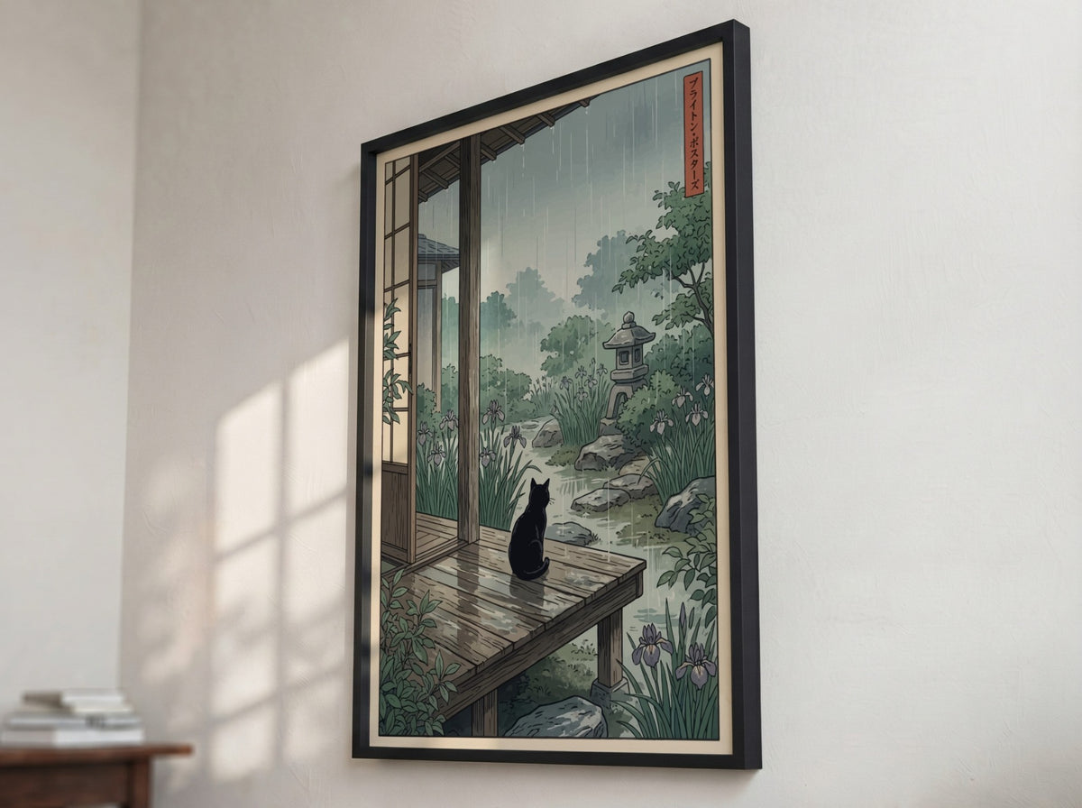 Poster of a black cat sitting on a wooden veranda during a rainy day