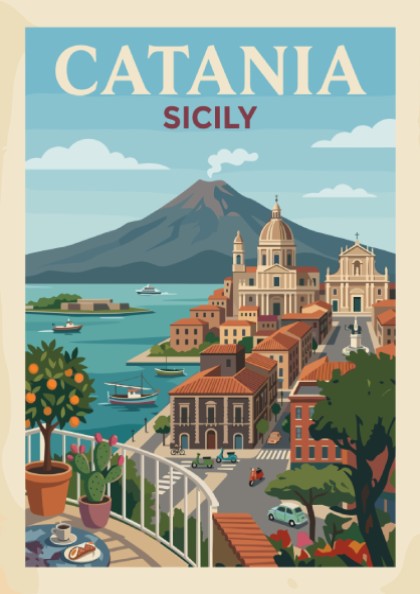 Catania Sicily travel poster with Mount Etna and coastal city view, vintage style.