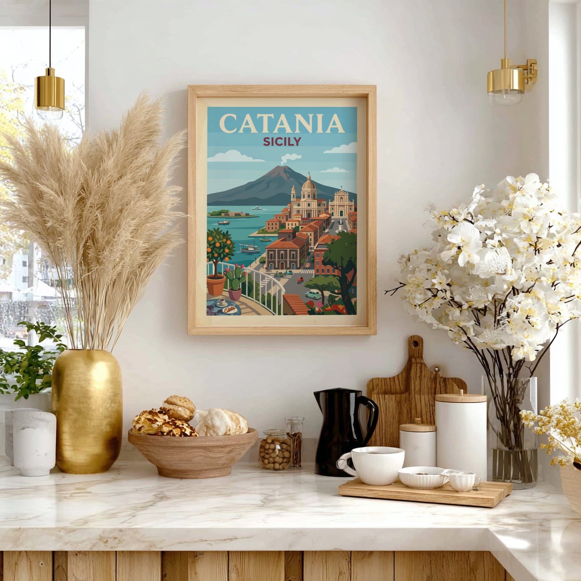 Catania Sicily travel poster with Mount Etna and coastal city view, vintage style.