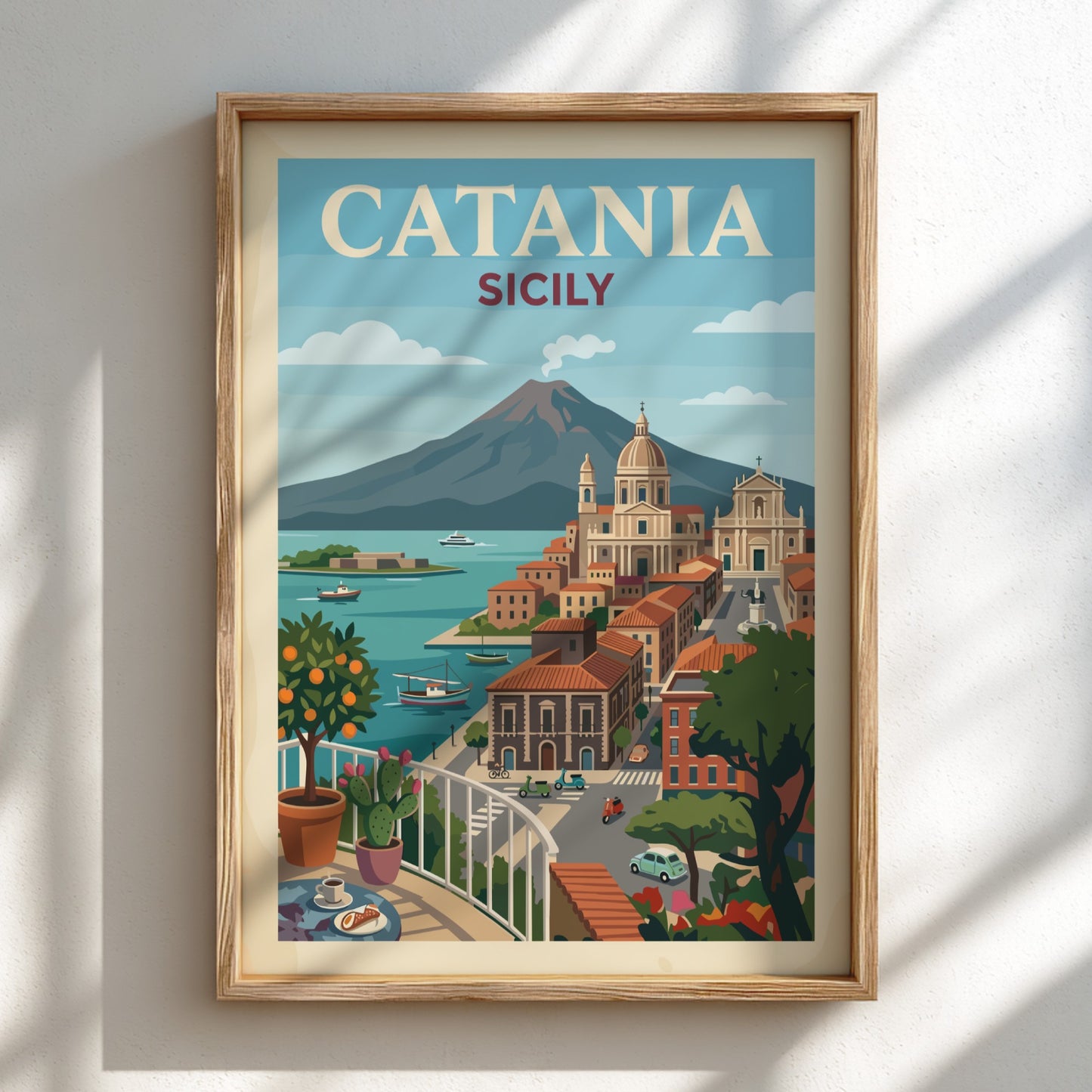 Catania Sicily travel poster with Mount Etna and coastal city view, vintage style.