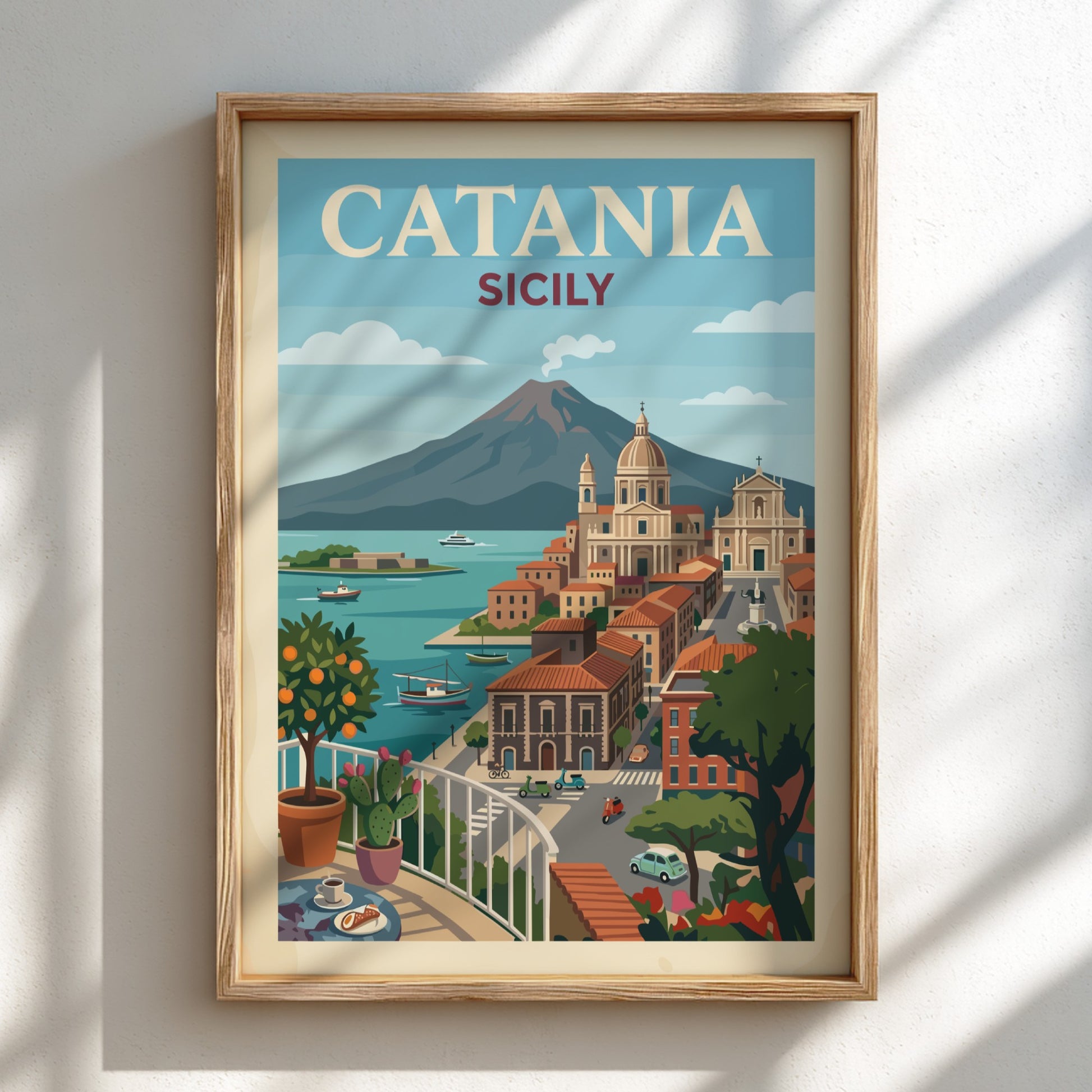Catania Sicily travel poster with Mount Etna and coastal city view, vintage style.