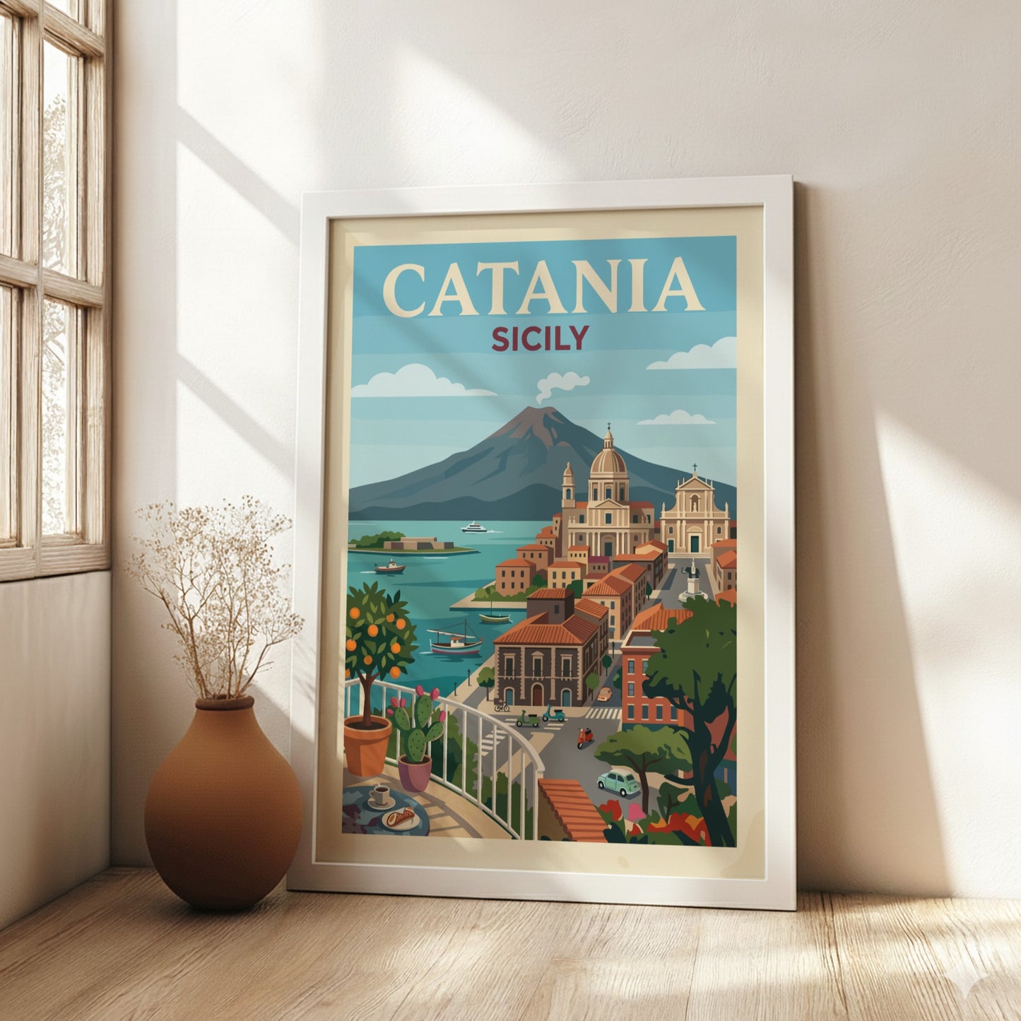 Catania Sicily travel poster with Mount Etna and coastal city view, vintage style.