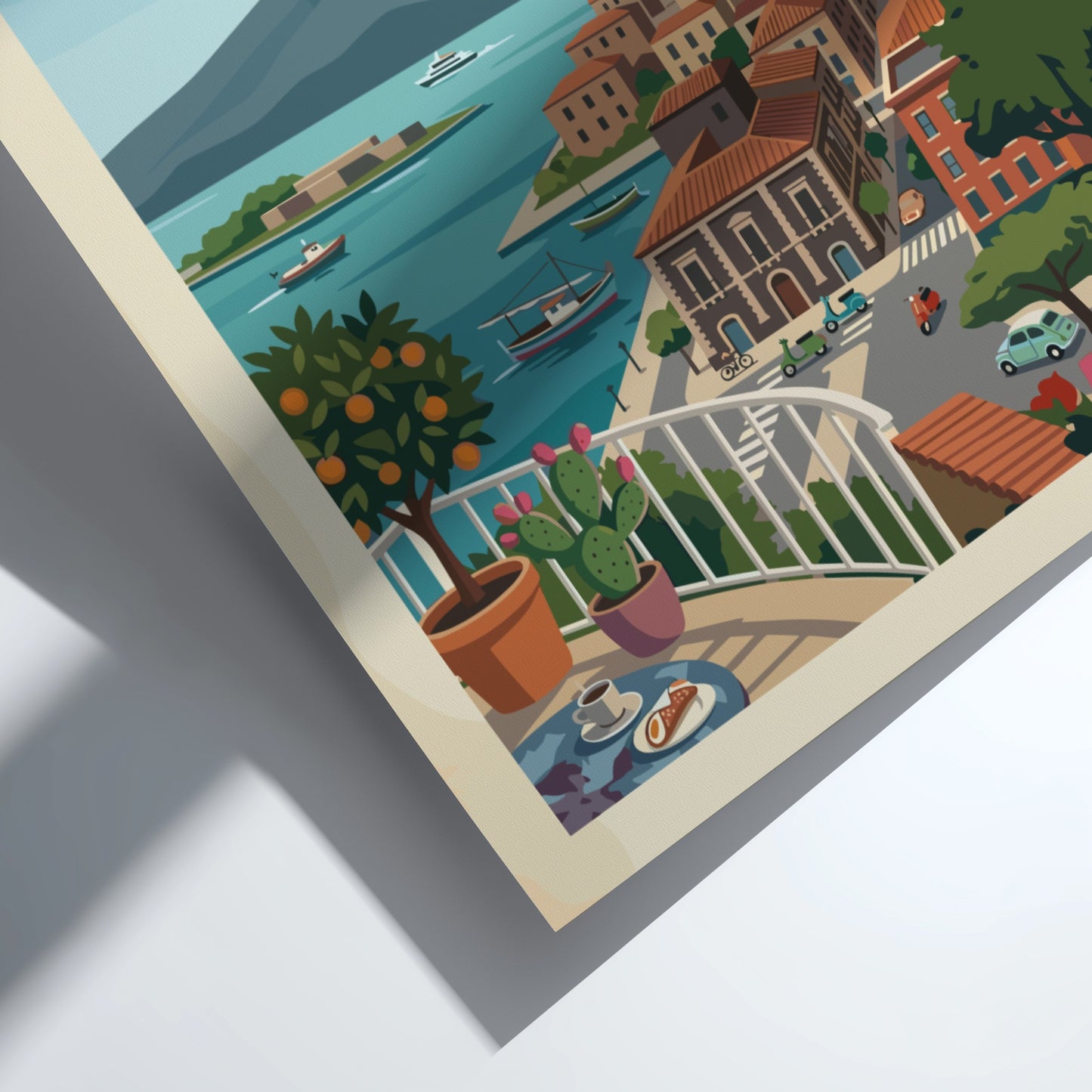 Catania Sicily travel poster with Mount Etna and coastal city view, vintage style.