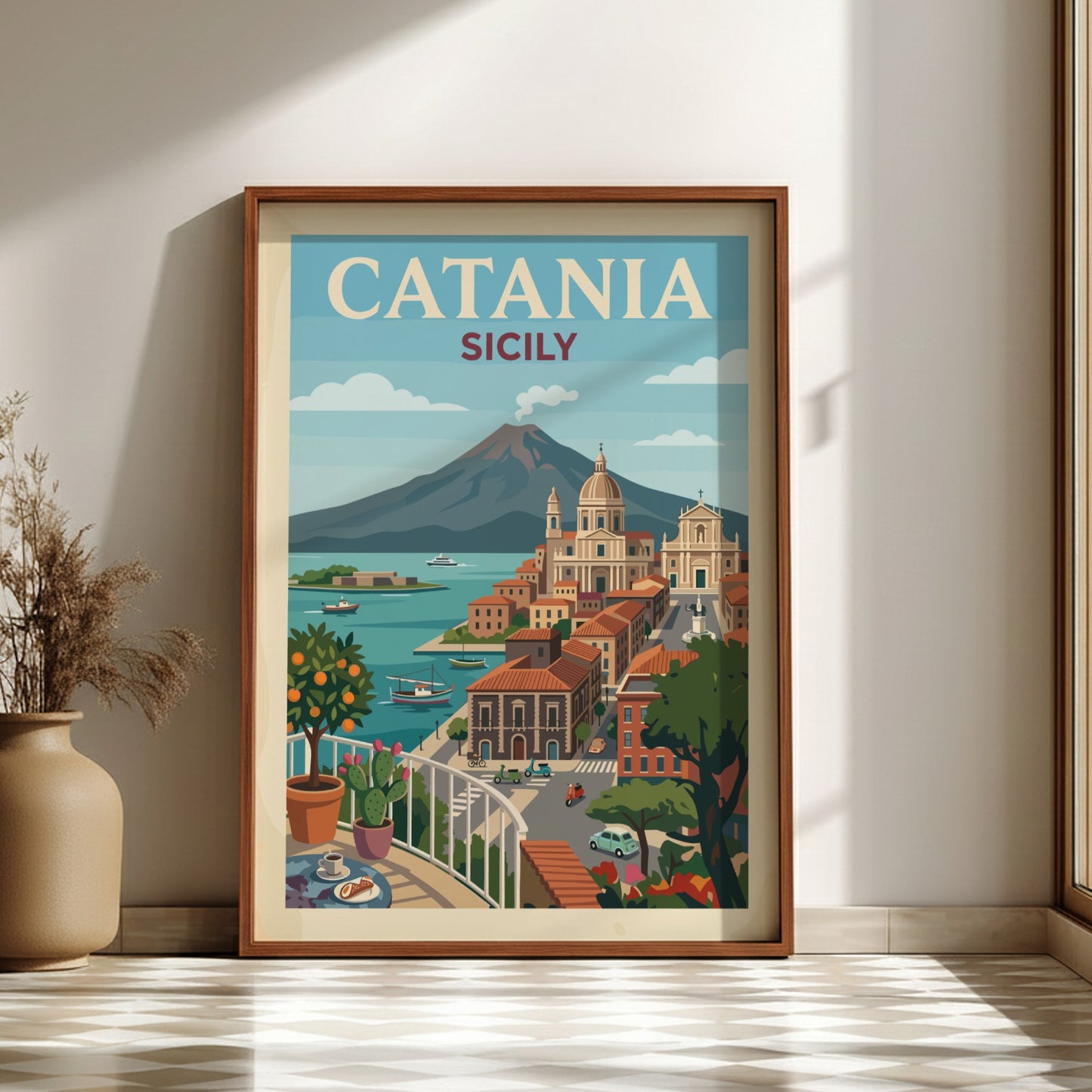 Catania Sicily travel poster with Mount Etna and coastal city view, vintage style.