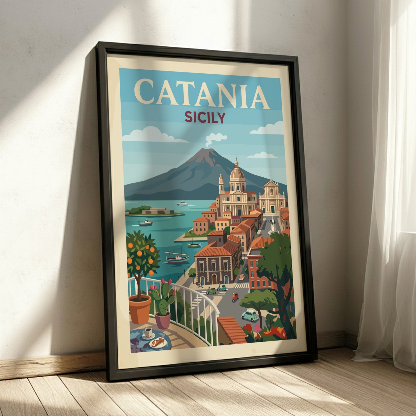 Catania Sicily travel poster with Mount Etna and coastal city view, vintage style.